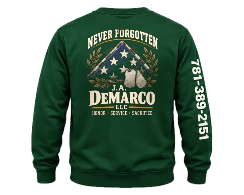 Never Forgotten: crewneck, forest green, back
