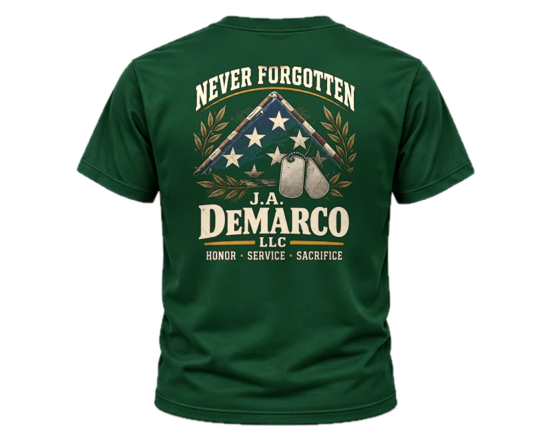 Never Forgotten: t-shirt, forest green, back