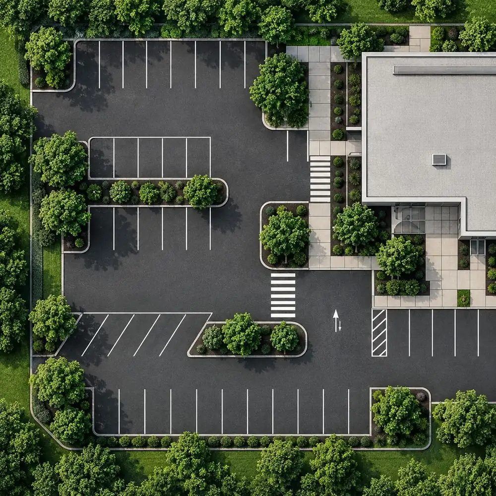 Illustrative overhead commercial property with landscaping, parking and walkways.