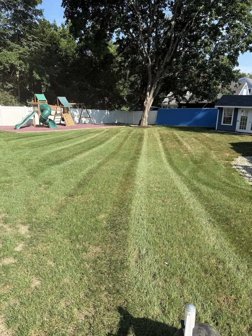 A backyard lawn our crew just mowed, with a playset by the fence